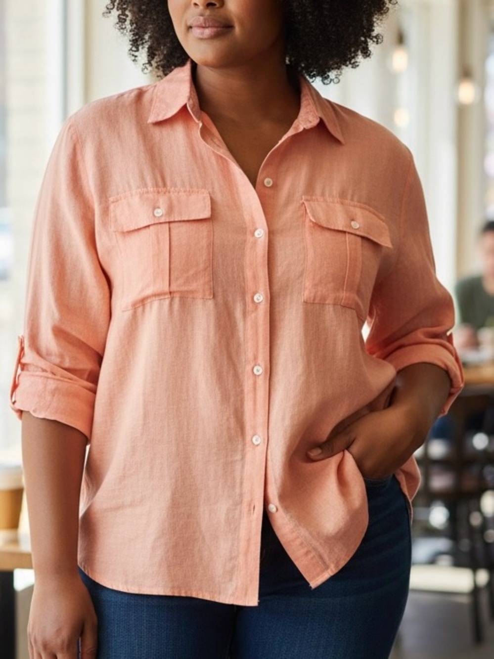 Allison Morgan plus size 1X LINEN peach long sleeve roll tab pockets button up